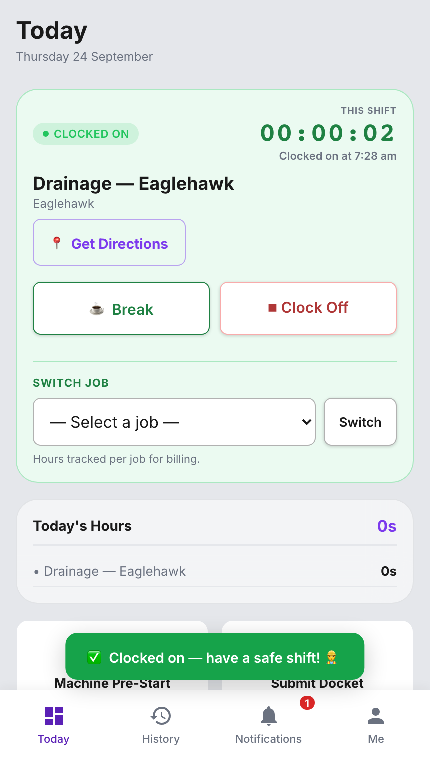 The worker's Today page on a phone: clocked on to a job, the shift timer running.